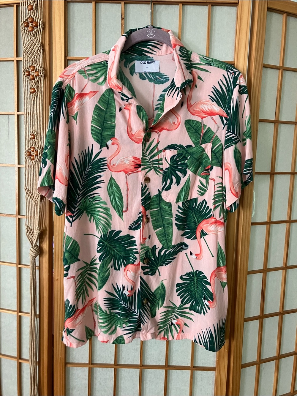 Old Navy Men XS Pink Tropical Flamingo Print Button-Down Shirt